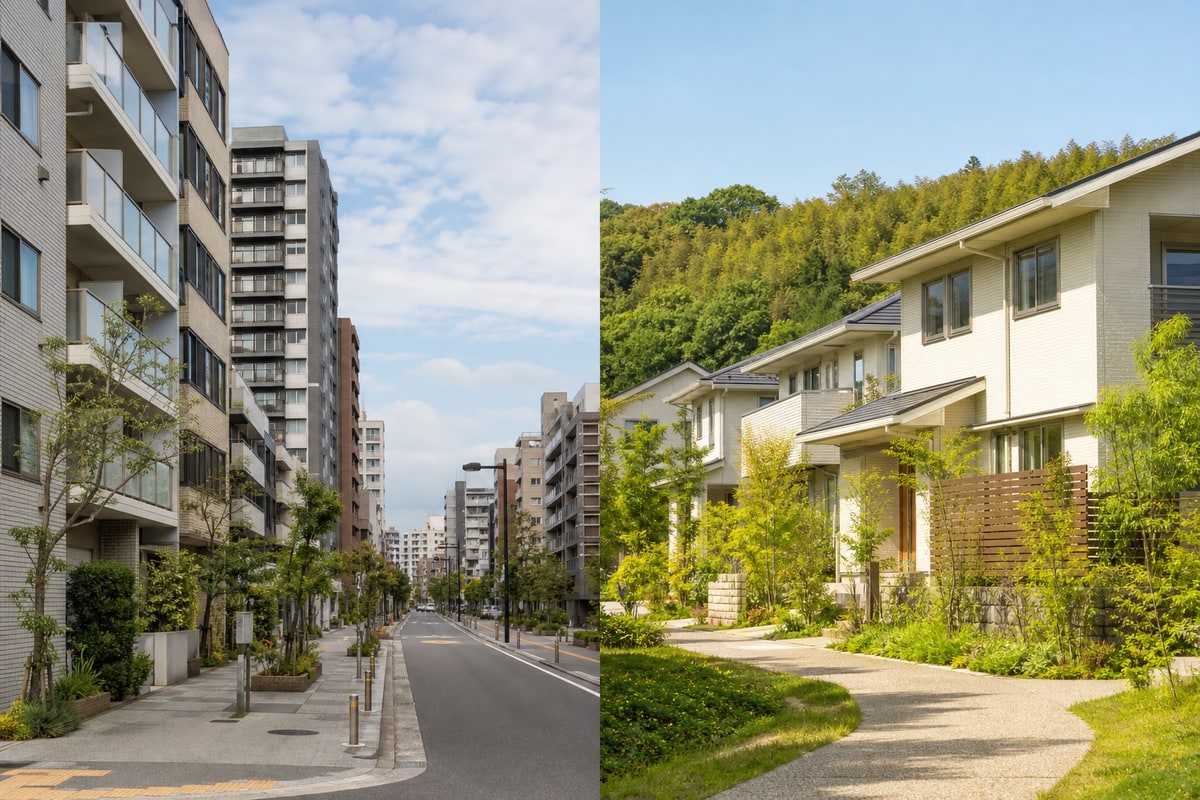 落ち着いた中心市街地の集合住宅と、緑のある郊外の戸建て住宅を左右に配したイメージ