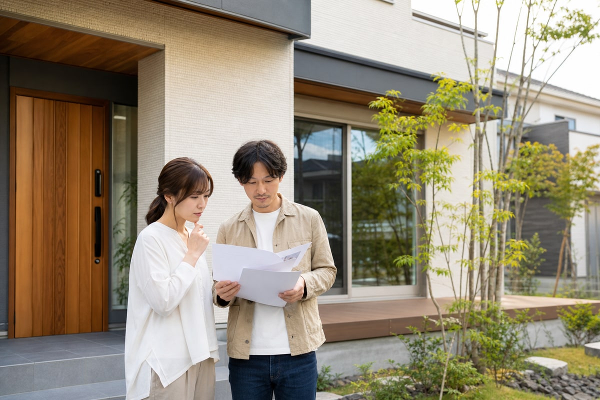 住宅の外観と物件資料を見ながら借地物件を検討する様子