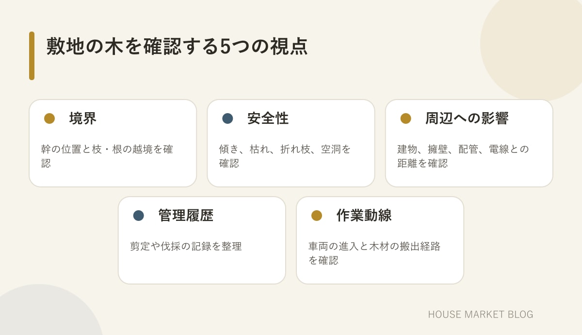 田舎物件にある木について境界、安全、建物への影響、管理履歴、作業動線を確認するチェックリスト