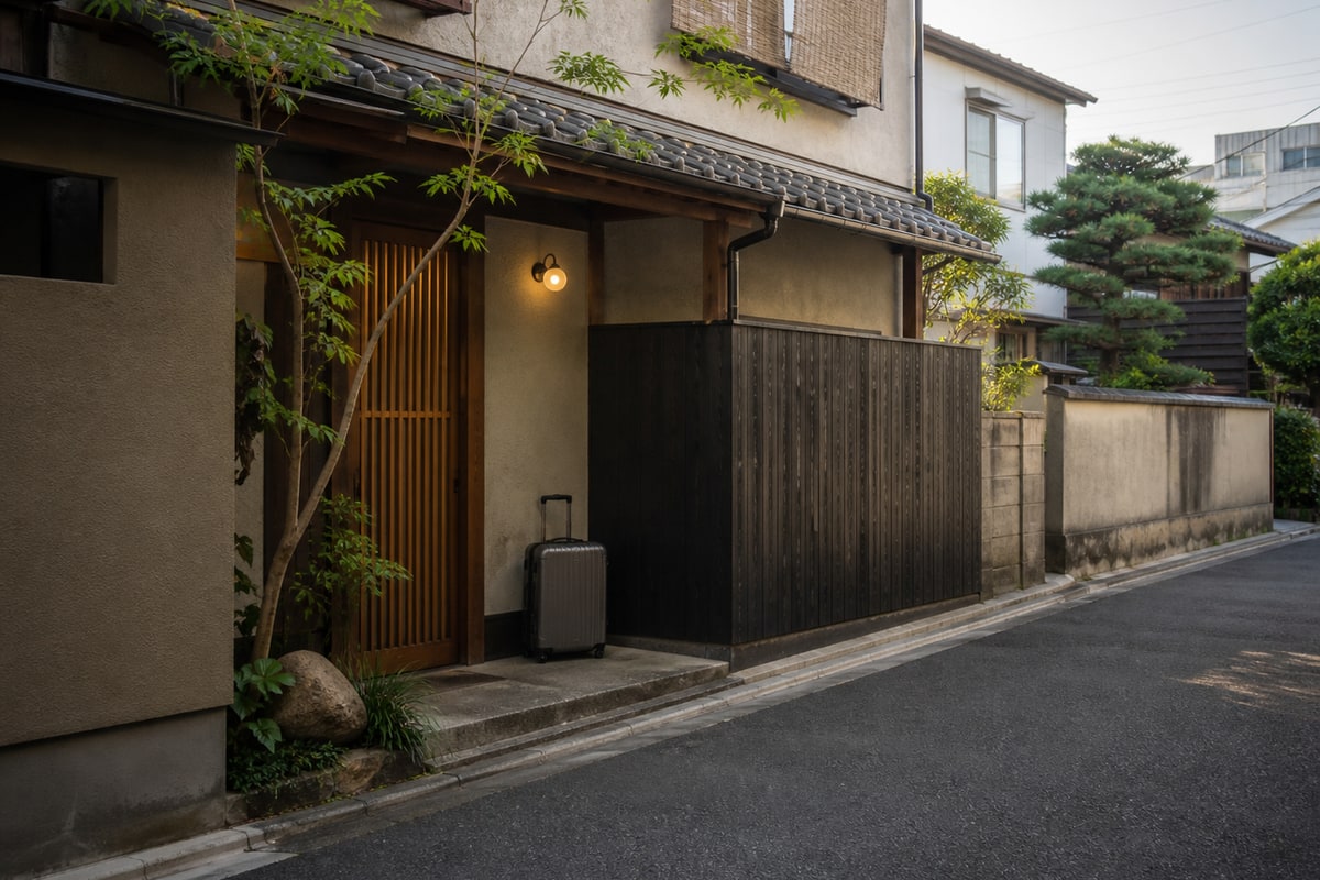 京都の住宅街にある町家風住宅と玄関脇の旅行用スーツケース